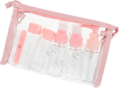 Produktbild von Set mit 11 roten 50-ml-Kosmetikflaschen aus Kunststoff mit auslaufsicheren Verschlüssen für Reisen und unterwegs zur Hautpflege