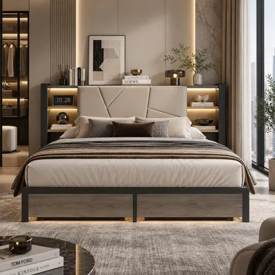 Produktbild von INONEFT Metallbett Polsterbett 160x200 mit LED Beleuchtung und USB Ladefunktion, Doppelbett mit Kopfteil Stauraum und 2 Schubladen, PU, Schwarz, KI-generiertes Bild