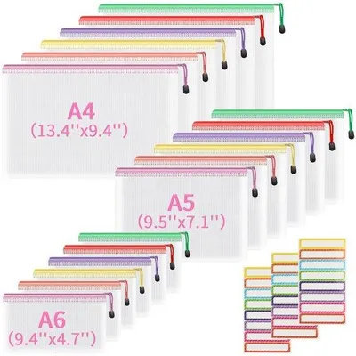Produktbild von 18 Stück Dokumententaschen mit Reißverschluss, A4+A5+A6, 6 Farben, für Schule, Büro