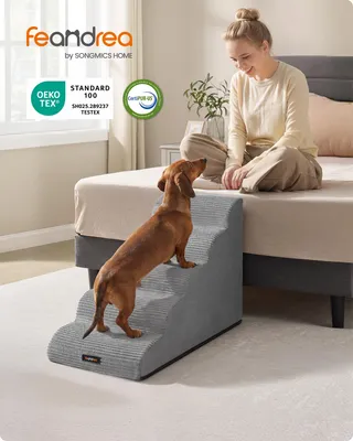 Produktbild von FEANDREA Hundetreppe, 5-stufig-Haustiertreppe, Cord mit Querstreifen, rutschfest, abnehmbarer waschbarer Bezug, Grau