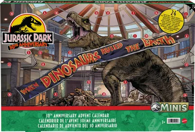 The image shows the front packaging of a Jurassic Park 30th Anniversary Advent Calendar, featuring a T-Rex and a banner.