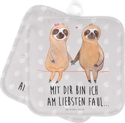 Produktbild von Mr. & Mrs. Panda Topflappen Faultier Pärchen - Grau Pastell - Geschenk, Topfuntersetzer, Liebe, Kochlappen, Set, Ofenlappen, faul, Relaxen, topfhalter