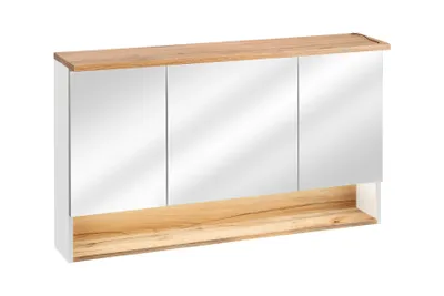 A white and wood-colored bathroom cabinet with mirrored doors and a shelf below, shown against a white background.