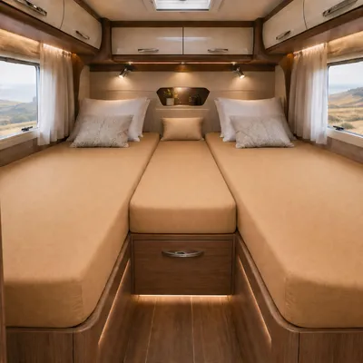 Produktbild von Frottee Spannbettlaken für Wohnmobile Heckbett 3-teilig 2 Längsbetten + 1 Mittelteil Sand