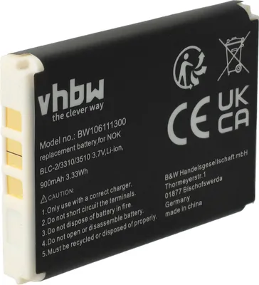 Produktbild von vhbw Akku kompatibel mit Nokia 3395, 3520, 3530, 3560, 3570, 3585, 3510, 3585i, 3410, 3586, 3510i Handy Smartphone Telefon (900 mAh, 3,7 V, Li-Ion)