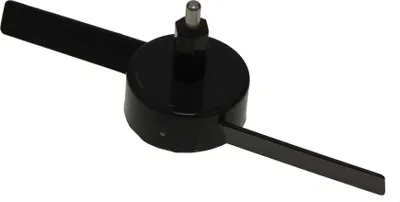 A black kitchen appliance part with two blades attached to a central circular hub, set against a white background.