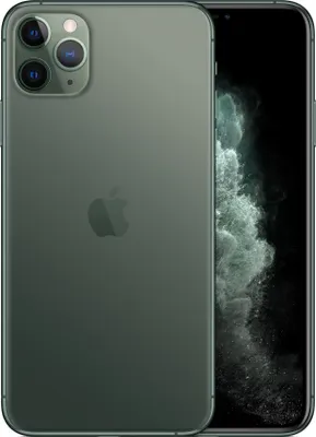 A dark green iPhone 11 Pro Max is shown from the back, with the screen visible on the right.
