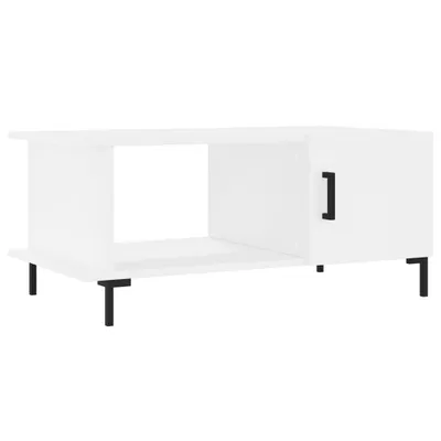 A white coffee table with black legs and a black handle on a cabinet door, shown against a white background.