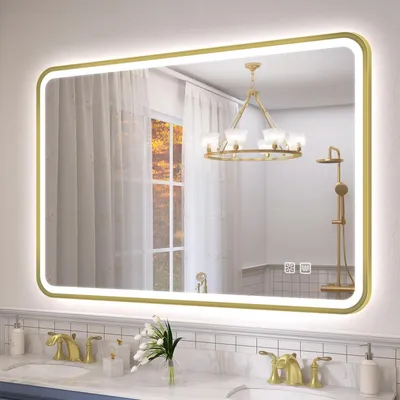 Zdjęcie produktu dla Lustro do łazienki z oświetleniem, 100x70 cm, złota rama aluminiowa, funkcja anty-mgielna, możliwość regulacji jasności, klasa szczelności IP44