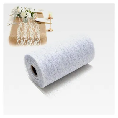 Produktbild von Tischläufer Spitze Weiß, Vintage Bestickte Spitzeauflage, 15 cm x 25 m, Abwaschbarer Tischläufer mit zarter Spitze für Hochzeitsdeko, Taufe, Kommunion und festliche Anlässe