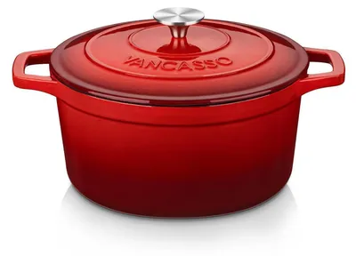 Obrázok produktu pre Liatinový hrniec s pokrievkou, objem 5 litrov, priemer 26 cm, červený, s emailovaným povrchom, vhodný na všetky typy sporákov, vrátane indukčných