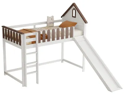 Immagine prodotto di Letto a soppalco per bambini - Letto - 90 x 200 cm - Con tetto e finestra - Scala dritta con tre gradini - Con scivolo - Realizzato in legno massello e MDF - Bianco/Noce