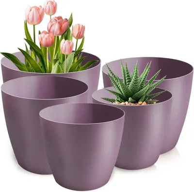 Productafbeelding van Bloempotset, 5 stuks bloempotten, 12 / 14 / 16 / 18 / 20 cm, kunststof plantpot voor grote en kleine planten, set van 5 bloempotten, kruidenpot, voor lelies