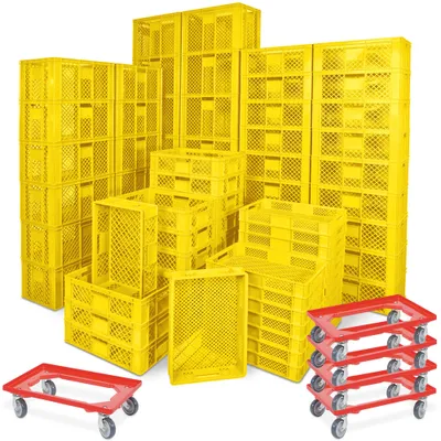 Produktbild von 78 Stück Stapelkörbe/Bäckerkästen in 5 Größen, Grundmaß LxB 600 x 400 mm, H 90 mm, 150 mm, 240 mm, 320 mm, 410 mm, Farbe gelb + 5x Transportroller, rot