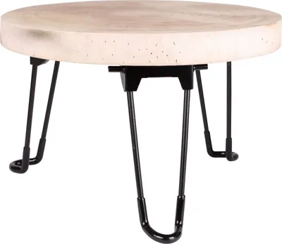 A round wooden table with black hairpin legs, shown from a slightly elevated angle against a white background.