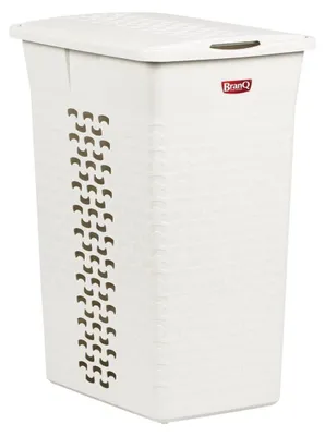 A white laundry basket with a lid and a brown logo on the front.