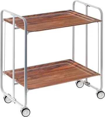 A two-tiered serving cart with a wood-grain finish on the trays and a white metal frame.