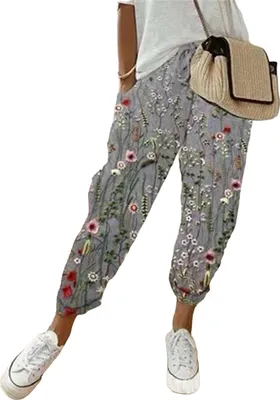 Obrázek produktu pro ASKSA Dámské plátěné kalhoty Lehké letní kalhoty Pohodlné kalhoty Volnočasové kalhoty Plážové kalhoty s kapsami, Grey Flower, vel: M