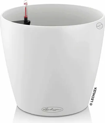 A white LECHUZA planter with a water level indicator.