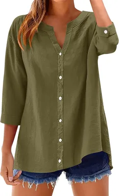 Productafbeelding van Damesblouse met 3/4 mouwen van katoen en linnen, V-hals en knoopsluiting, effen model