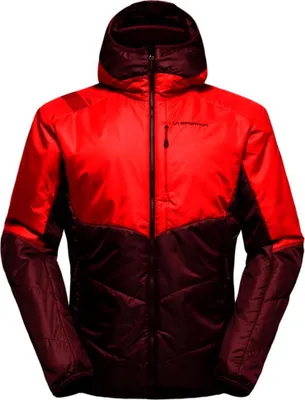 Rote und dunkelrote La Sportiva Mythic Primaloft Jacke mit Kapuze und Reißverschluss vorne