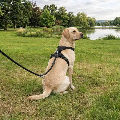 Produktbild von belviona Anti-Zug Hundegeschirr, gepolstertes Y-Geschirr für Hunde mit Kontrollgriff, reflektierend & verstellbar, Größe XL, schwarz