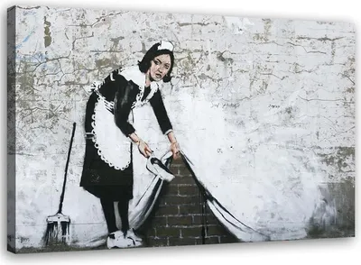 Produktbild von Leinwandbild hausmädchen banksy - wandmalerei straßenkunst 60x40 cm Feeby grau wandbild bereit zum aufhängen