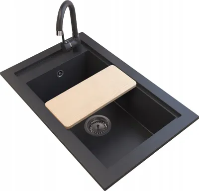 Produktbild von Granitan - Granitspüle - Küchenspüle - 69x43 cm - Schwarz - mit Siphon und Schneidebrett - Spülbecken