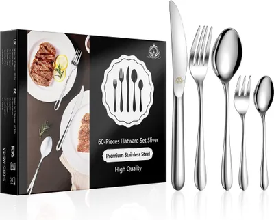 A product box for a flatware set, with images of food and cutlery, and the cutlery set itself displayed next to the box.
