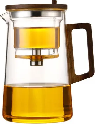 Obrázek produktu pro Skleněná konvice s oddělovačem vody a dřevěnou rukojetí, ručně vyrobená konvice, kouzelná konvice, skleněná konvice s čajovým sítkem, skleněná konvice se sítkem, průhledná konvice, konvice s oddělovačem vody
