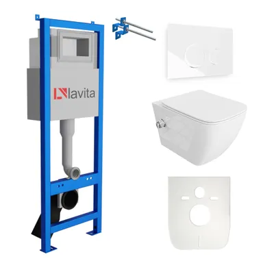 Produktbild von Lavita LAV 101 Vorwandelement für WC 40cm + Wand Hänge Tiefspül WC PARANA Weiß Spülrandlos + Bedienplatte LAV 200.4.1 Weiß | Komplettset | Unterputz Spülkasten | Toilette Komplett Sett