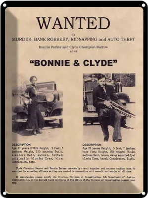 Produktbild von vianmo Blechschild 40x30 cm wanted Bonnie Clyde