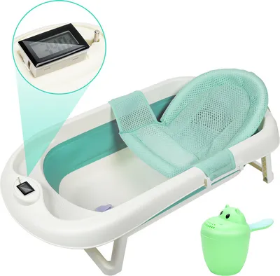 Produktbild von Jopassy Baby Badewanne mit Standfüßen Faltbare Babywanne Grün 3 in 1 mit Shampoobecher
