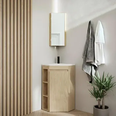 Immagine prodotto di Mobile lavabo angolare su gambe con lavabo, rubinetto e mobiletto a specchio SORRENTO
