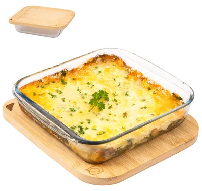 Image de Cocotte en verre Eluno avec couvercle en bambou, environ 1,8 litre, plateau de service et boîte de rangement, forme carrée.