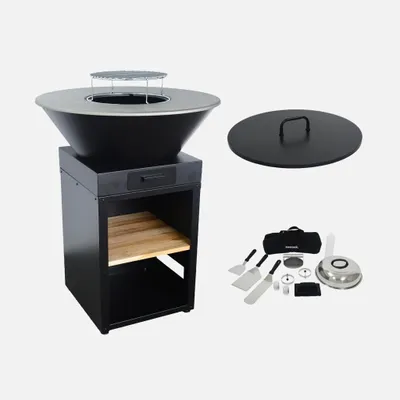 Immagine prodotto di Braciere barbecue con vano portalegna, coperchio e utensili, Ø81,5cm, Nero
