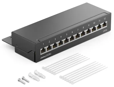 Produktbild von deleyCON CAT 6 Patchpanel Verteilerfeld 12 Port RJ45 - Schwarz