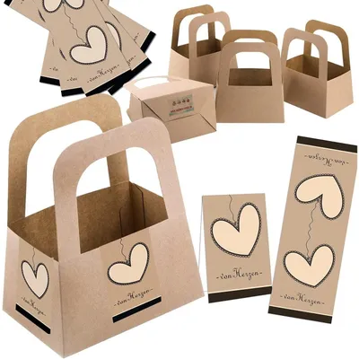 Produktbild von 5 kleine Geschenkkörbe + 10 Aufkleber VON HERZEN in braun beige
