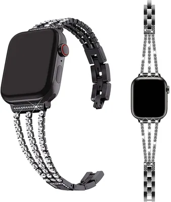 Produktbild von Stravo Luxe Damen-Uhrenarmband mit Strass – Edelstahl-Gliederarmband für Apple Watch 49 mm Ultra 1/2/3, 46/45/44 mm Serien 4–11/SE – Schwarz