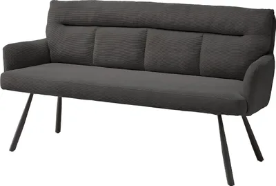 A studio shot of a gray upholstered bench with dark metal legs.
