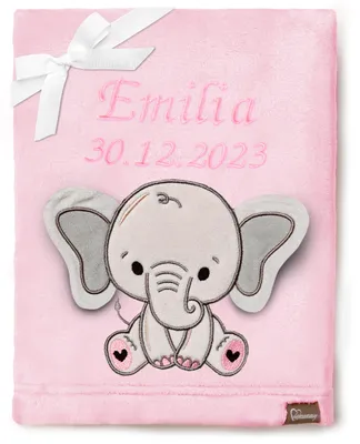 Produktbild von Be Mammy Babydecke mit 3D Applikation bestickt mit Name und Geburtsdatum 76 x 102 cm BE20-280 (Puderrosa – Elefant, 76 x 102 cm)
