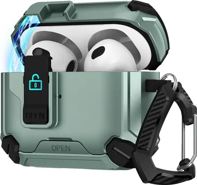 Zdjęcie produktu dla Etui ochronne na słuchawki Apple AirPods 3 Defender z karabińczykiem 360°, odporne na wstrząsy, w kolorze zielonym