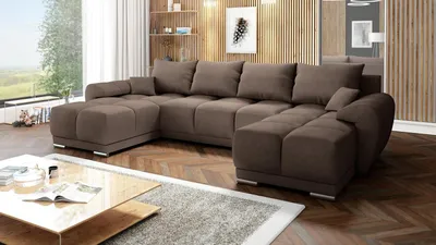 Produktbild von Easy4You Honey U-Form 362 x 85 x 183 cm mit Schlaffunktion und Stauraum - Schlafsofa mit Bettkasten und Kissen - Moderne Wohnzimmermöbel – Stoff: Monolith Hellbraun (MO-15)