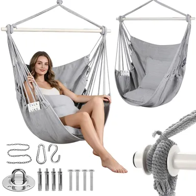 Produktbild von Hängesessel mit 2 Kissen, Hängematte, Hängestuhl, bis 150 kg, Boho Fransen Sessel, Sitzsack, Schaukel für Outdoor, Garten, Balkon, Zuhause