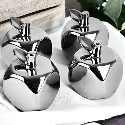 Produktbild von 4 Deko Äpfel Chrom Keramik Apfel Herbstdeko Winterdeko Weihnachten Chromoptik