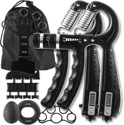 Image de Kit complet d'entraînement des mains et des avant-bras Unyqoos® : entraîneur de main réglable, extenseur de doigts, entraîneur de poignet, balle anti-stress, compteur intelligent, sac de transport, ABS/silicone