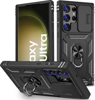 A black protective phone case with a ring holder and camera cover, shown from multiple angles, with a phone screen displaying "Galaxy Ultra" text in the background.