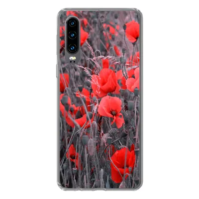 Produktbild von MuchoWow® Handyhülle Schutzhülle Hülle für Huawei P30 Rote Mohnblumen in einem Schwarz-Weiß-Bild Silikon Softcase Handy Hülle - Kartenbesitzer