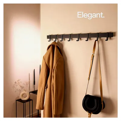 Produktbild von Garderobe | Garderobenhaken | Wandmontage Kleiderstange | Garderobenleiste aus Metall | Wandgarderobe mit beweglichen Haken | Modernes Design Schwarz 80 cm