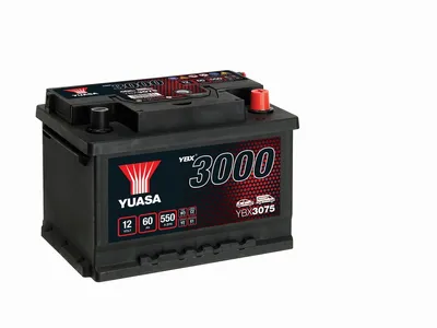 A black car battery with red and white branding, isolated on a white background.